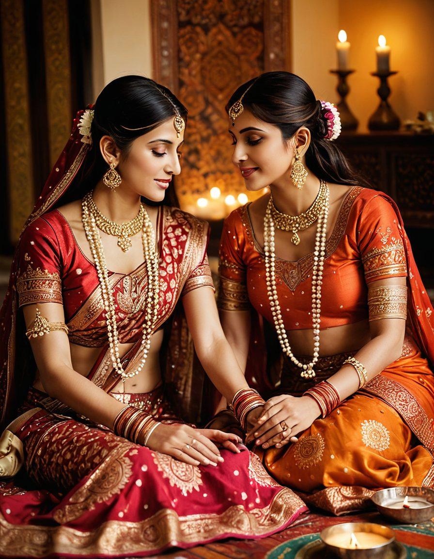 An intimate scene showcasing diverse couples engaging in traditional Indian intimacy rituals, adorned in colorful ethnic attire. Incorporate elements like aromatic incense, opulent textiles, and vibrant henna designs in the background, creating a warm and inviting atmosphere. Subtle symbols of love like lotus flowers and candles should enhance the mood, reflecting the richness of Indian culture. The style should be a blend of super-realistic and vibrant colors.