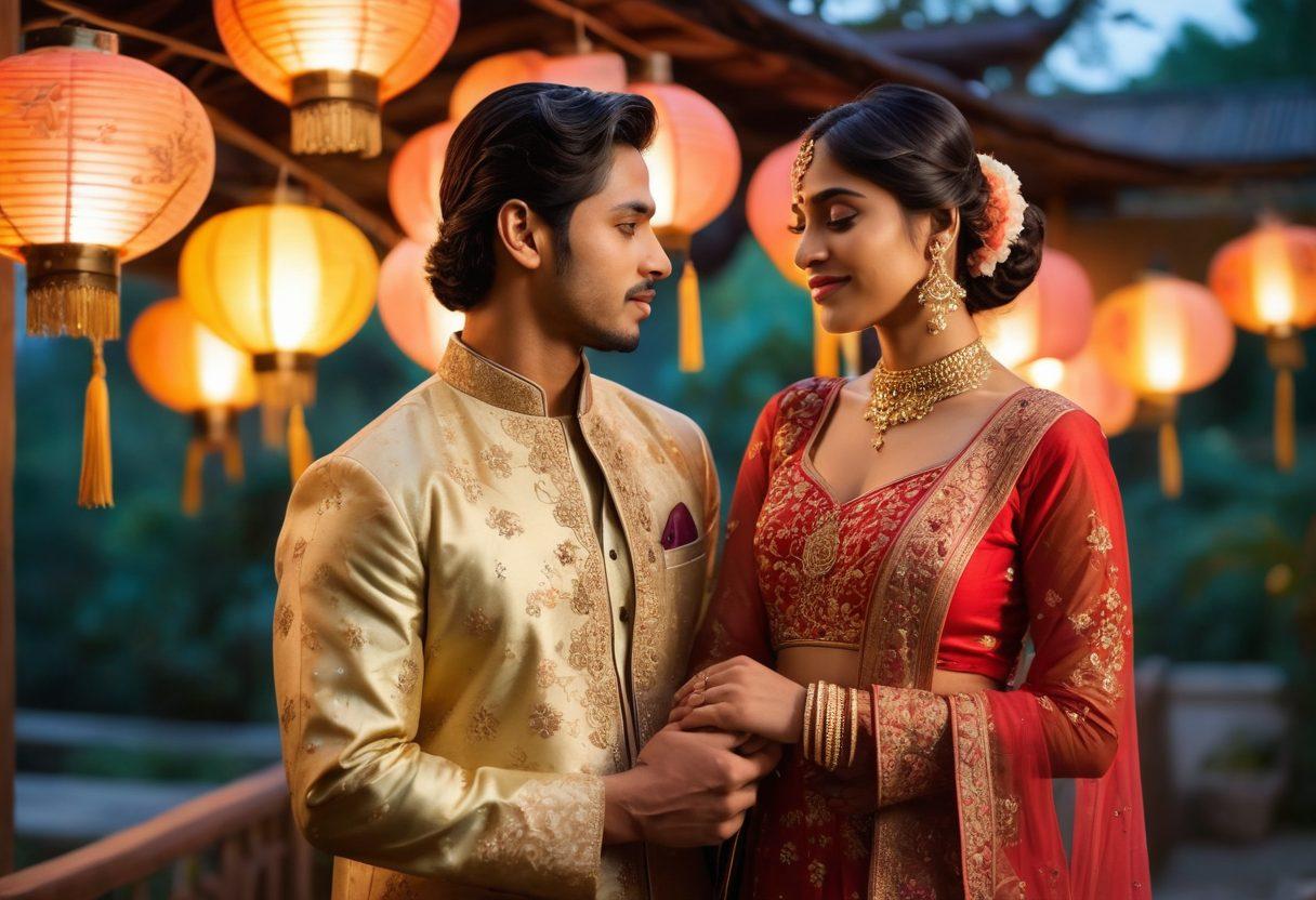 A romantic scene capturing the essence of South Asian love, featuring a couple in traditional attire, surrounded by soft, glowing lanterns and lush flowers. The atmosphere is bathed in warm, inviting colors demonstrating tenderness and sensuality, with intricate patterns and fabrics symbolizing cultural heritage. The background softly hints at an exotic landscape. super-realistic. vibrant colors. dreamy ambiance.