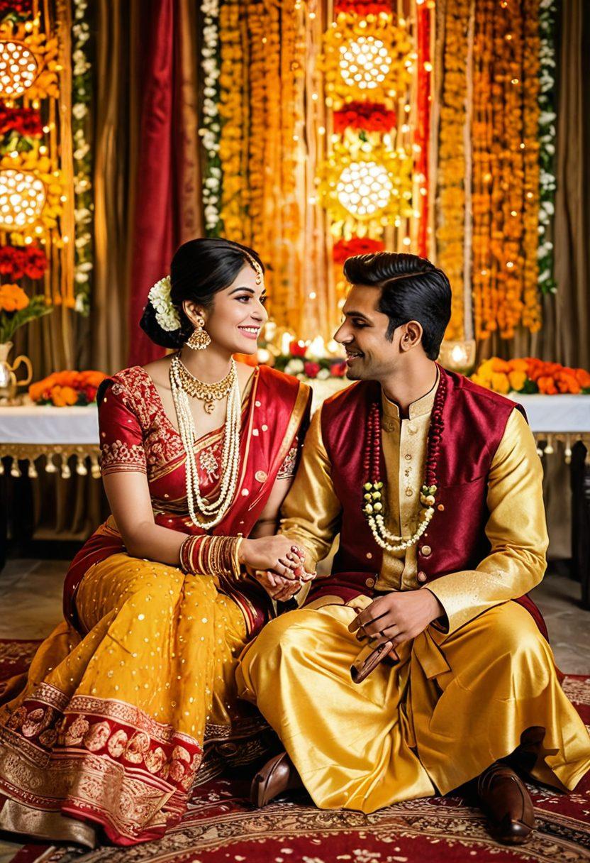 A warm and inviting scene depicting a vibrant celebration in a traditional Desi setting, showcasing couples of diverse backgrounds enjoying each other's company, adorned in colorful cultural attire. Elements of joy, laughter, and togetherness are highlighted, with intricate decor featuring marigold flowers and soft, glowing lights. The background includes traditional music instruments, symbolizing the rich cultural heritage. super-realistic. vibrant colors. warm atmosphere.